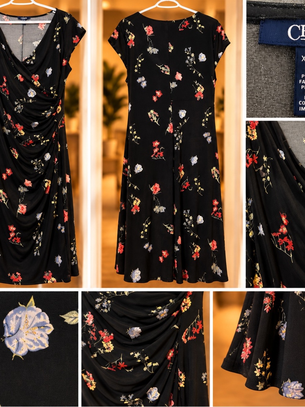 Chaps Black Floral Cap-Sleeve Midi Dress